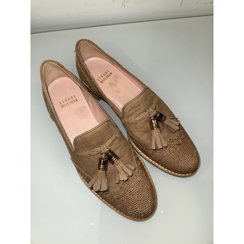 Stuart Weitzman Tan Leather Tassel Loafers Flats Oxfords Shoes Women's Size 4.5M - Picture 2 of 10